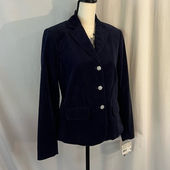 Liz Claiborne Navy Velvet Tailored Blazer with Rhinestone Snowflake Button NWT 6 - Picture 11 of 15